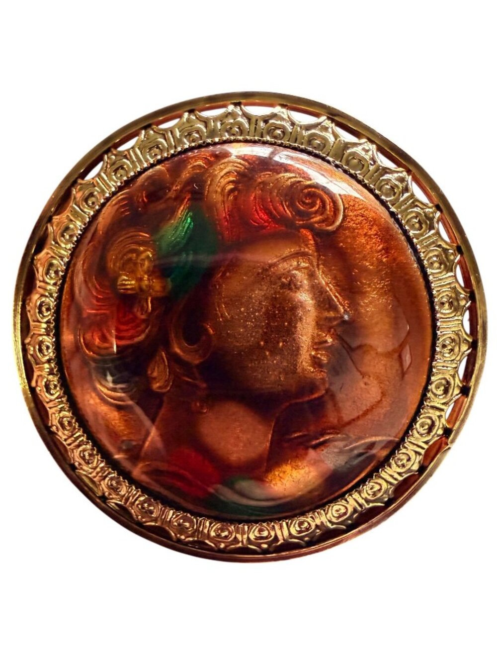 Vintage 1950s Reverse Carved Lucite Renaissance Lady Brooch New Old Stock
